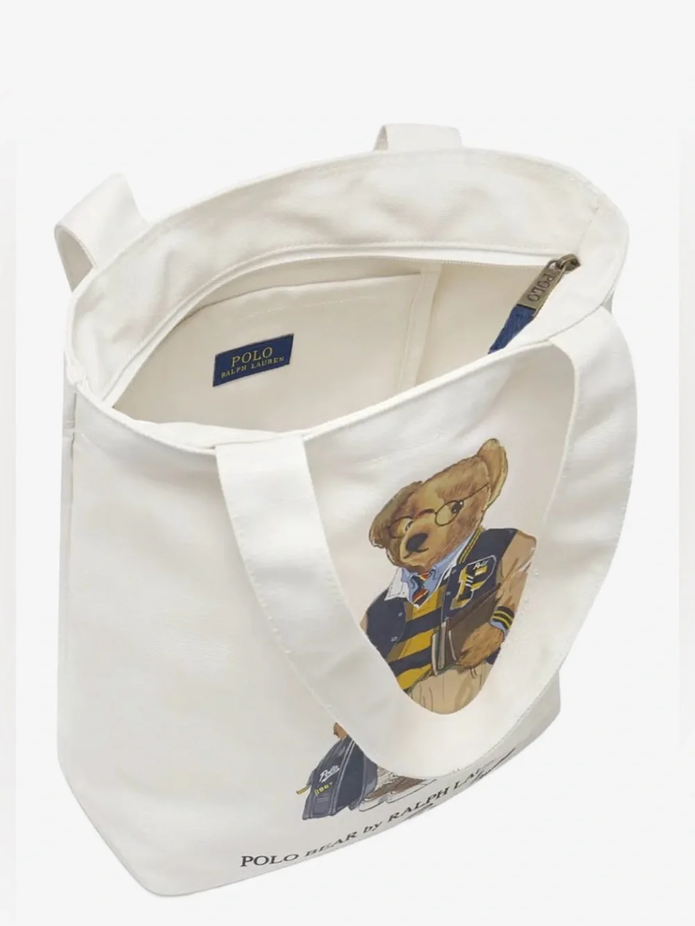 Polo Ralph Lauren Natural BOY BACK TO SCHOOL BEAR 13.0” Canvas Zip Top Tote Bag